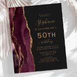Orçamento Borgonha Dourada Agate Dark 50º Aniversá<br><div class="desc">A borda esquerda deste elegante e moderno convite de aniversário 50º apresenta uma borda de cor d'água borrifada com brilho dourado. O texto personalizável combina manuscrito dourado,  fontes em copperplate e itálico em um fundo preto de slate. O lado inverso apresenta uma burgundy e uma design de agata dourada.</div>