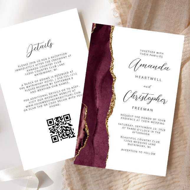 Orçamento Borgonha Ouro Ágata Código QR Casamento (Criador carregado)