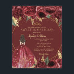 Orçamento Burgundy Princesa Sweet 16 Convite<br><div class="desc">Elegante Orçamental Burgundy Dourada Princesa Floral Sweet 16 Convite</div>