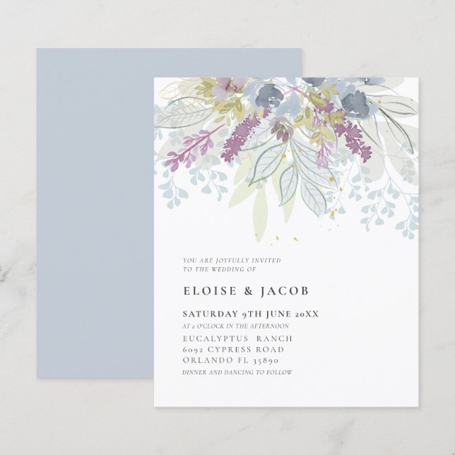 Orçamento Casamento de Folhagem Aquarela Azul Empo (Frente/Verso)