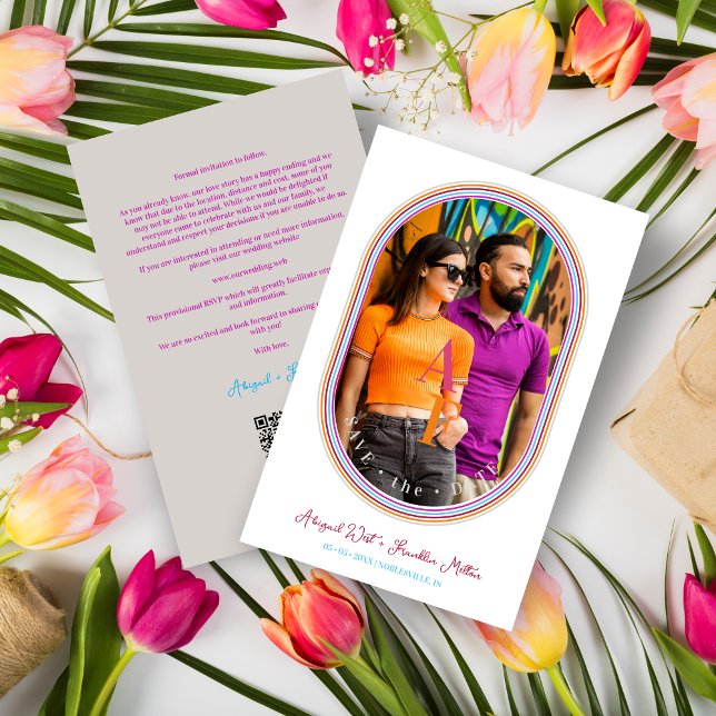 ORÇAMENTO Casamento Divertido Moderno Oval Minimal (Budget Modern Multicolored Minimalist Oval Photo Affordable Wedding Save the Date Card.)