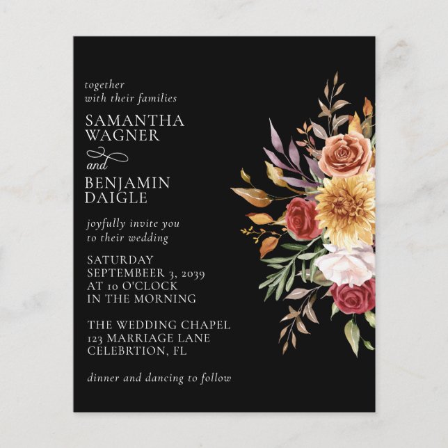 Orçamento Casamento Floral Preto Moderno de Outono (Frente)