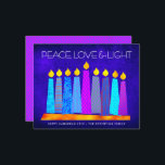 Orçamento Chanucá Vela Paz Amor Cartão Azul Claro<br><div class="desc">"Paz, amor e luz." Uma ilustração lúdica, moderna e artística das velas de padrão de feto em uma menorah ajuda você a lançar no feriado de Chanucá. Velas azuis cortadas com padrões coloridos de folha de alumínio sobrepõem um rico fundo azul-texturizado. Folha de diamante roxo, rosa-quente, escura, num fundo azul...</div>