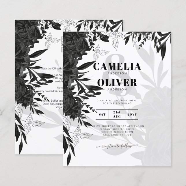 ORÇAMENTO Convite de Casamento Elegante Rosas Pret (Frente/Verso)