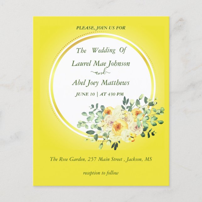 Orçamento. Convite de Rosas em fundo amarelo (Frente)