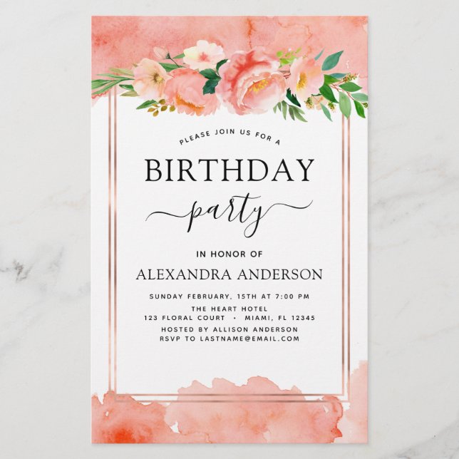 Orçamento Coral Peach Floral Birthday Convite (Frente)
