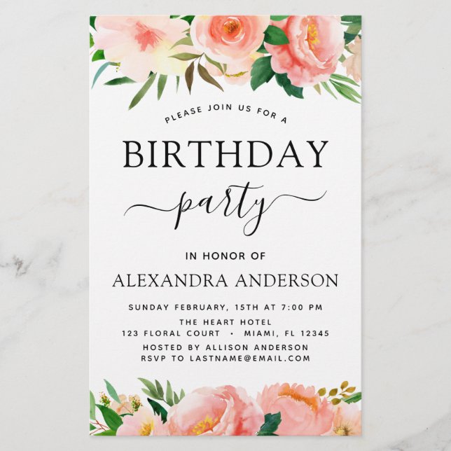 Orçamento Coral Peach Floral Birthday Convite (Frente)