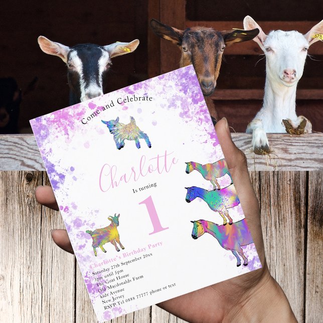 Orçamento da Festa de 1º Aniversário do Animal da  (Cute goats colorful farm animal watercolor art 1st birthday party pink budget invitation )