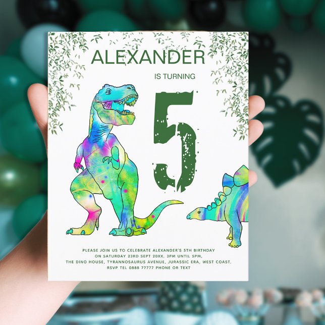 Orçamento da Festa de 5 anos no Jardim dos Dinossa (Dinosaur birthday party budget invitation with colorful T-Rex and stegosaurus jungle foliage)
