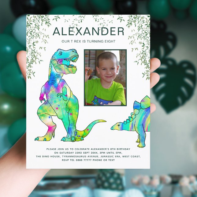 Orçamento da Festa de 8 Anos do Dinossauro ( Dinosaur 8th birthday party invitation with photo template colorful T-Rex & Stegosaurus watercolor )