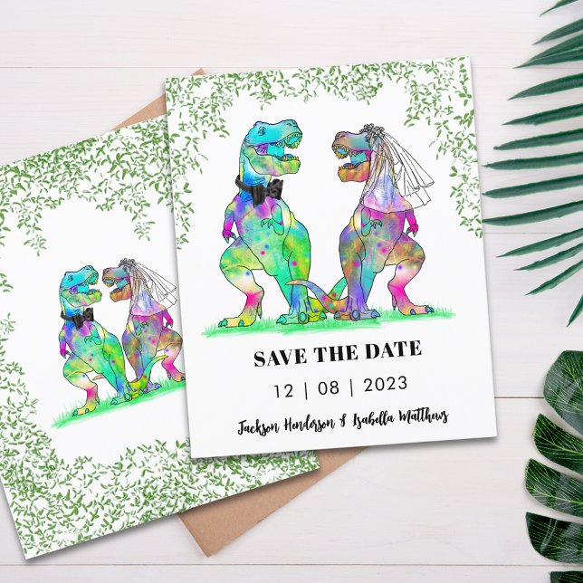 Orçamento de casamento com tema de dinossauro para (Dinosaur themed wedding save the date budget invitation T-Rex bride & groom Jurassic jungle foliage)