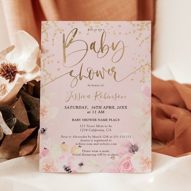 Orçamento de chá de bebê com aguarela floral doura (Gold floral watercolor baby shower budget invitation)