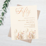 Orçamento de creme de flores silvestres 50 anos<br><div class="desc">Um convite de 50 anos elegante. Um fundo creme,  cor bege,  decorado com flores silvestres de cor aquosa em verde bege,  rosa,  poeirento. Cinquenta é escrita com um grande estilo escrito à mão. 1 folha = 1 convite impresso de borda a borda.</div>