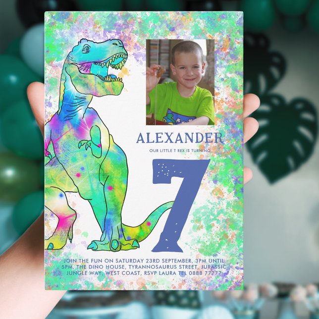 Orçamento de Festa de aniversário do Dinossauro T- (T-Rex Dinosaur 7th birthday party photo invitation colorful dino and Jurassic jungle watercolor )