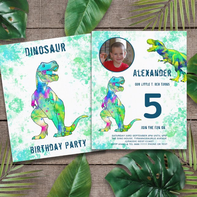 Orçamento de Festa de aniversário T-Rex (Dinosaur T-Rex jungle 5th birthday party budget invitation with photo template green)