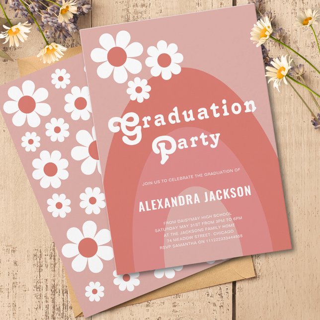 Orçamento de festa de graduação retrô floral dos a (Retro 70s vintage floral arch graduation party budget invitation with simple orange daisy pattern)
