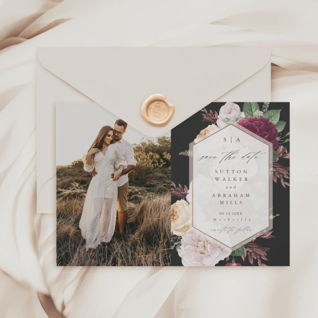Orçamento de Foto de Casamento Floral para Save th (Vintage Floral Bouquet Black Budget  Photo Wedding Save the Dates.)