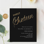 Orçamento de script de ouro preto Sweet 16 convite<br><div class="desc">Um 16 convite moderno. O fundo preto clássico e a palavra dezesseis escrita com letras grandes em ouro falso. Personalize e adicione um nome e detalhes da parte. Texto branco. 1 folha = 1 convite impresso de borda a borda.</div>