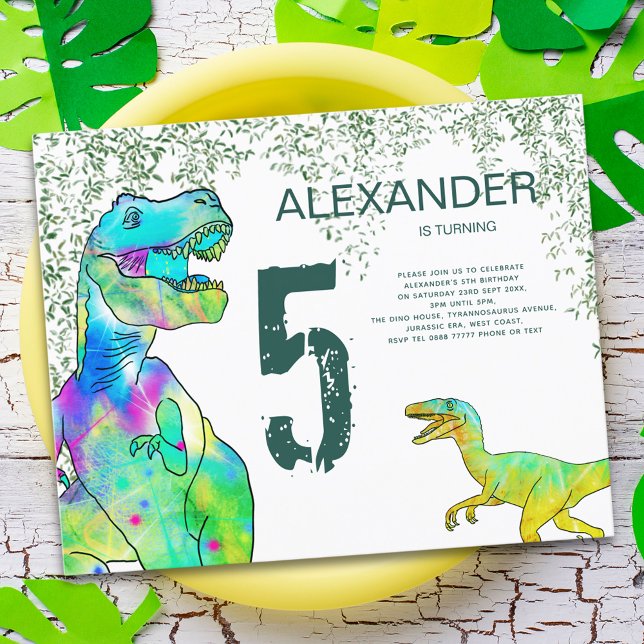 Orçamento do Convite para a Festa de 5 Anos do Din (T-Rex and velociraptor dinosaur jungle 5th birthday party green budget invitation )