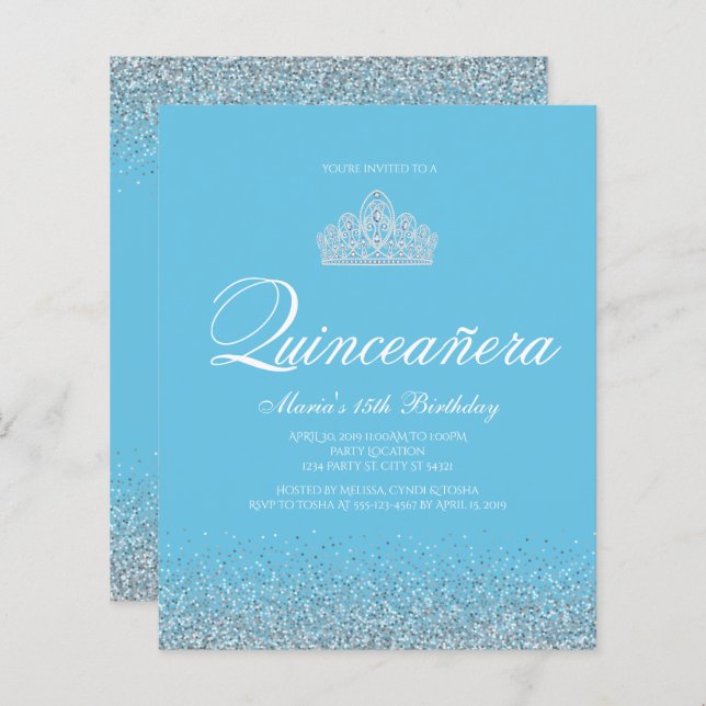 Orçamento Doce 15, Convite Azul De Quinceanera (Frente/Verso)