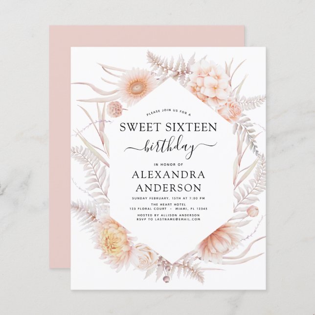 Orçamento Doce 16 Boho Dusty Floral Rosa Aniversár (Frente/Verso)