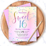 Orçamento Doce 16 Convite de Ombre Arco-Íris<br><div class="desc">"Feliz Doce 16". Envie este convite de festas de orçamento estonteante, brilhante, giro, festivo, moderno, personalizado, personalizado para um evento a lembrar. A tipografia do arco-íris com escrita brilhante, juntamente com turquesa festiva, cor-de-rosa púrpura e confete dourado, sobrepõe um fundo metálico de folha de papel ombre arco-íris. Um padrão dourado...</div>