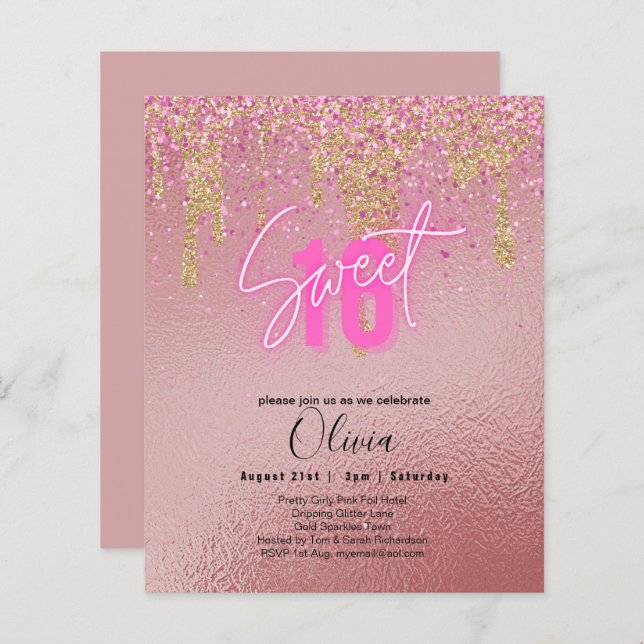 Orçamento Doce 16 Foil Rosa Brilhante Girly Modern (Frente/Verso)