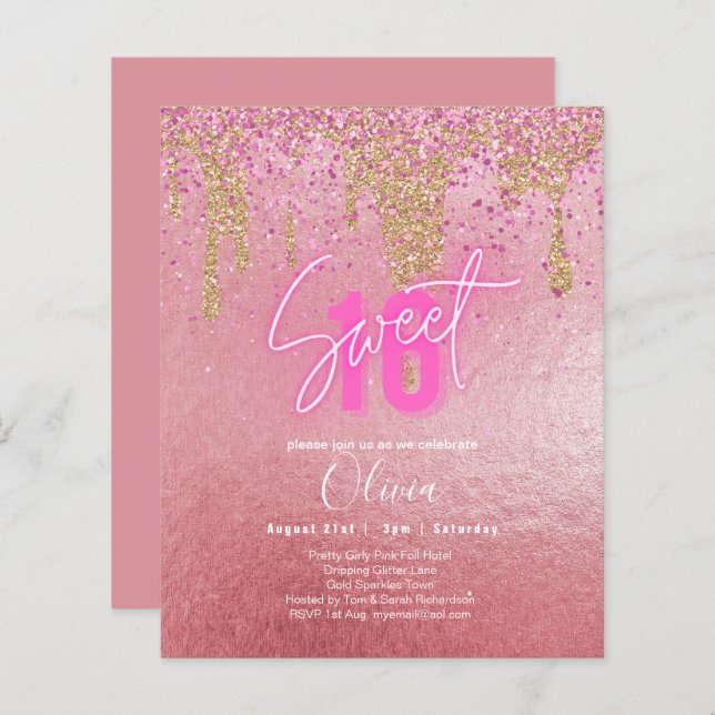 Orçamento Doce 16 Foil Rosa Brilhante Girly Modern (Frente/Verso)