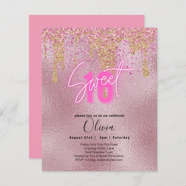 Orçamento Doce 16 Foil Rosa Brilhante Girly Modern (Frente/Verso)