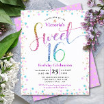 Orçamento Doce 16 Rainbow Glitter Confetti Convite<br><div class="desc">"Feliz Doce 16". Envie este convite de festas de orçamento estonteante, brilhante, giro, festivo, moderno, personalizado, personalizado para um evento a lembrar. A tipografia do arco-íris com escrita brilhante, juntamente com turquesa festiva, rosa púrpura e confete dourado, sobrepõe um fundo branco. Um padrão dourado de ponto brilhando é sobre lavanda...</div>