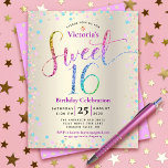 Orçamento Doce 16 Rainbow Glitter Convite Dourado<br><div class="desc">"Feliz Doce 16". Envie este convite de festas de orçamento estonteante, brilhante, giro, festivo, moderno, personalizado, personalizado para um evento a lembrar. A tipografia do arco-íris com escrita brilhante, juntamente com turquesa festiva, cor-de-rosa púrpura e confete dourado, sobrepõe um fundo metálico de folha de ouro de champanhe. Um padrão dourado...</div>