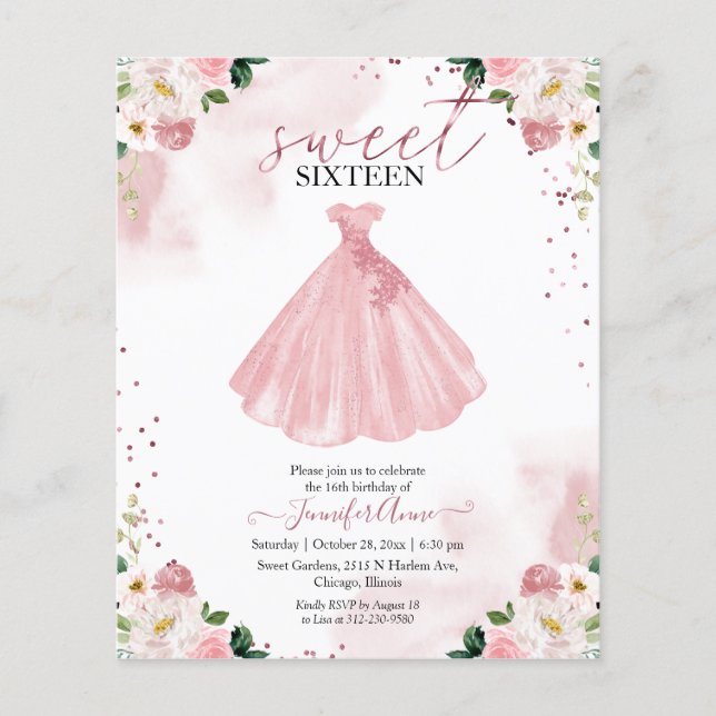 Orçamento Doce 16 Vestido Floral Dourado Rosa de C (Frente)