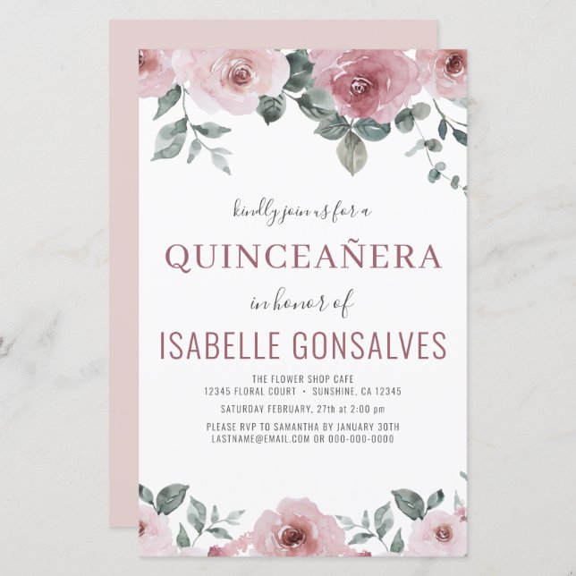 Orçamento Dusty Rosa Floral QUINCEAÑERA Convite (Frente/Verso)