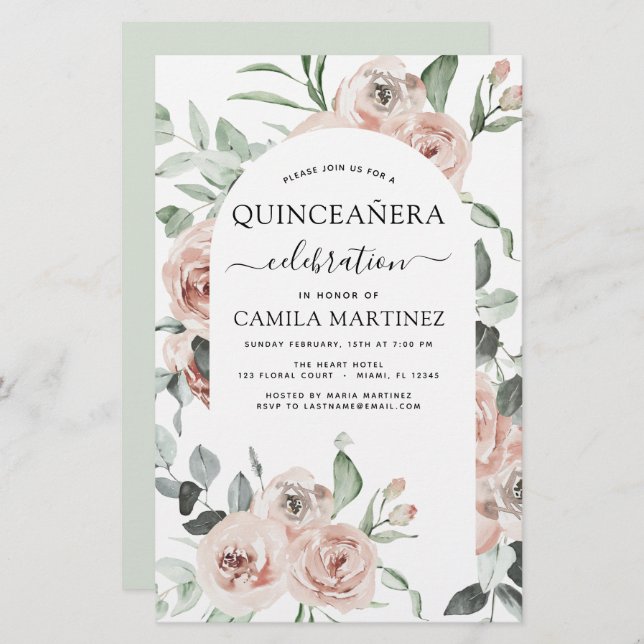 Orçamento Dusty Rosa Quinceañera Convite Floral (Frente/Verso)