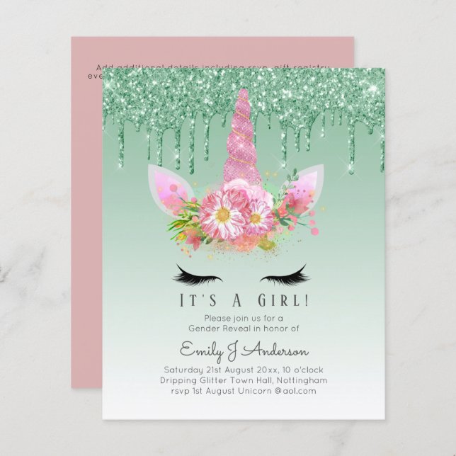 ORÇAMENTO É um Chá de fraldas de Unicórnio Garota  (Frente/Verso)