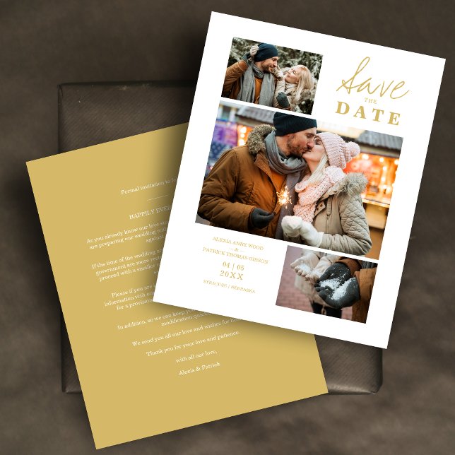 Orçamento Efeito Moderno do Ouro 3 Fotos Casamento (Budget Modern Faux Golden Effect 3 Photos Collage Save the Date Card with Envelope.)