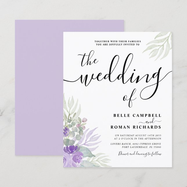 Orçamento Eucalipto Aquarela Roxo Casamento (Frente/Verso)