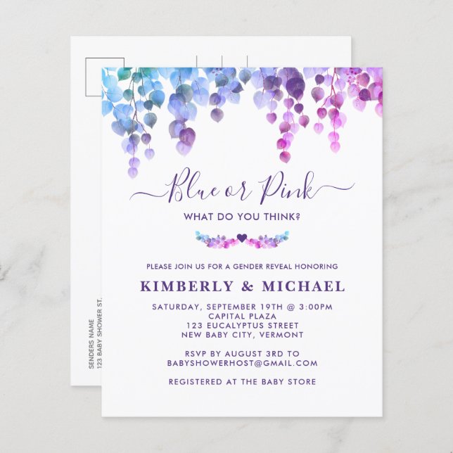 Orçamento Eucalyptus Gênero do bebê Revelação Azul (Frente/Verso)