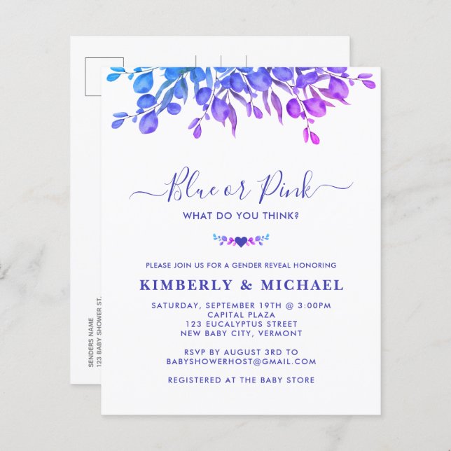 Orçamento Eucalyptus Gênero do bebê Revelação Azul (Frente/Verso)