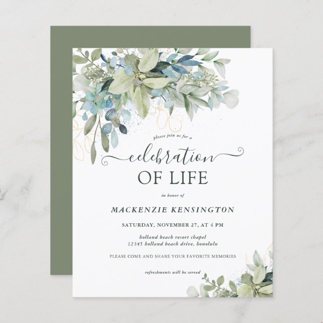 Orçamento Eucalyptus Greenery Celebração da Vida (Frente/Verso)