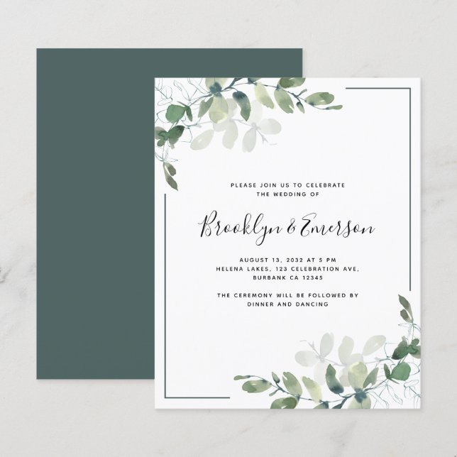 Orçamento Eucalyptus Greenery Convite para Casamen (Frente/Verso)