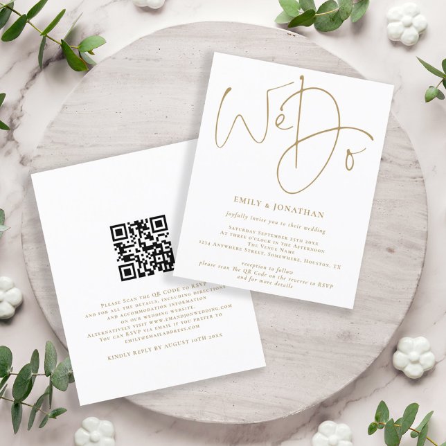 Orçamento Fazemos Dourado Script QR Code Convite d (Front and back view. A smaller size, Budget price value invitation)