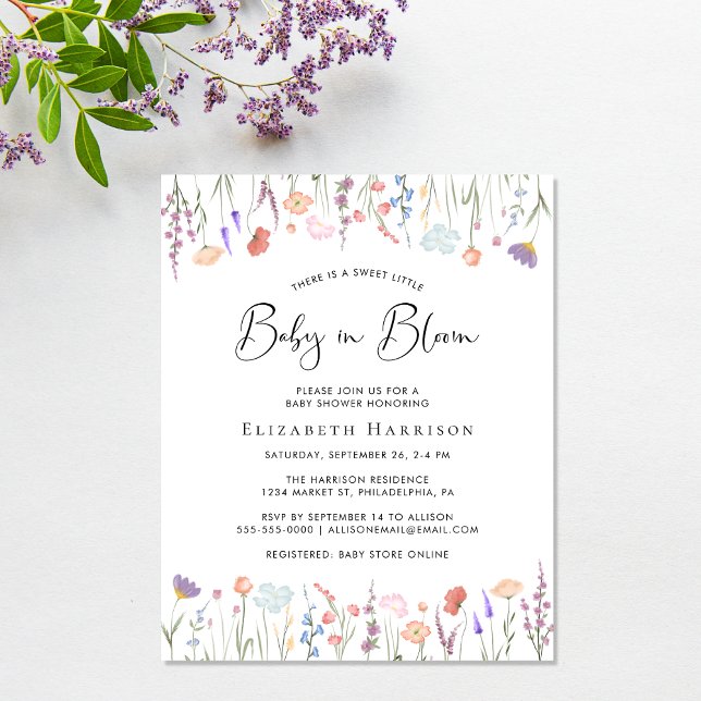 Orçamento Flor Selvagem Convite para Chás Bloquead (A sweet affordable wildflower baby shower invitation to celebrate the upcoming arrival of your baby)
