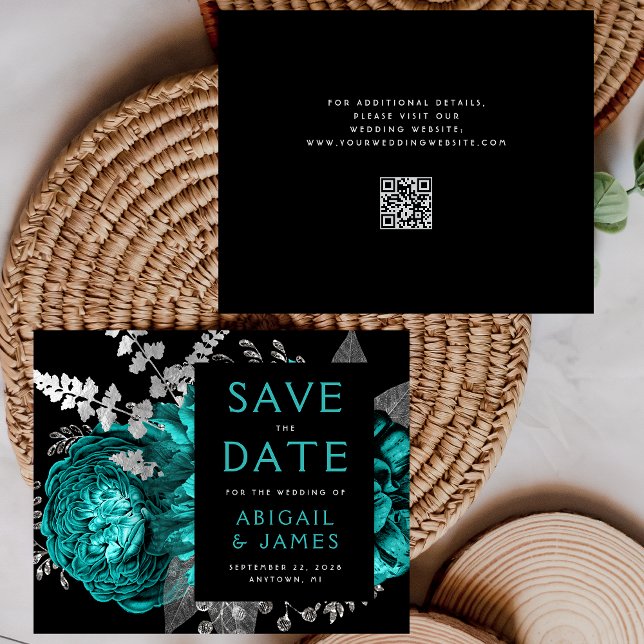 Orçamento Floral Azul Teal Prata Código QR Salve a (Criador carregado)