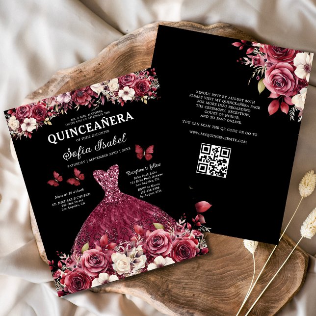Orçamento Floral Burgundy Código QR Quinceanera (Criador carregado)