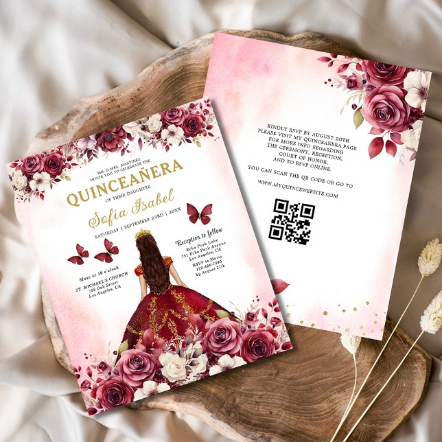 Orçamento Floral Burgundy Código QR Quinceanera (Criador carregado)