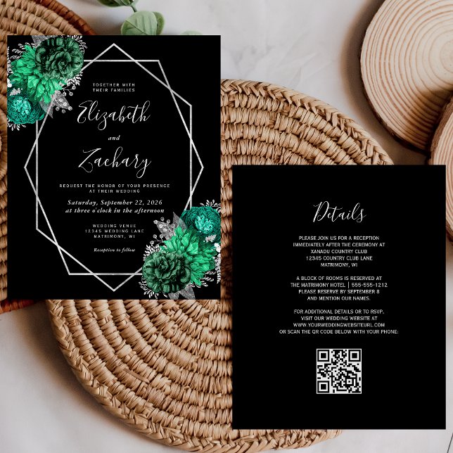 Orçamento Floral Esmeralda Prata Preto Código QR C (Criador carregado)