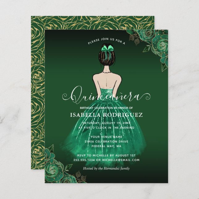 Orçamento Floral Princesa Verde Dourada Quinceañer (Frente/Verso)