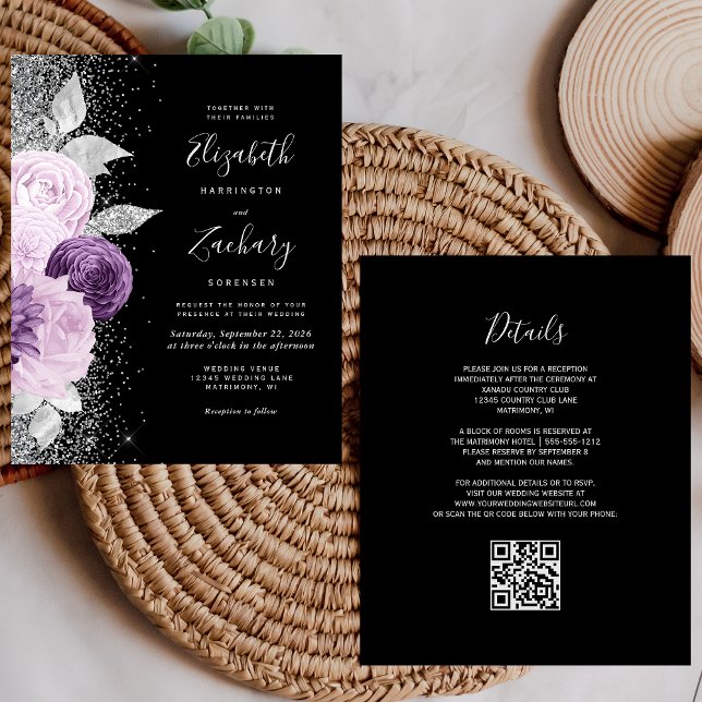 Orçamento Floral Roxo Prata Preto Código QR Casame (Criador carregado)