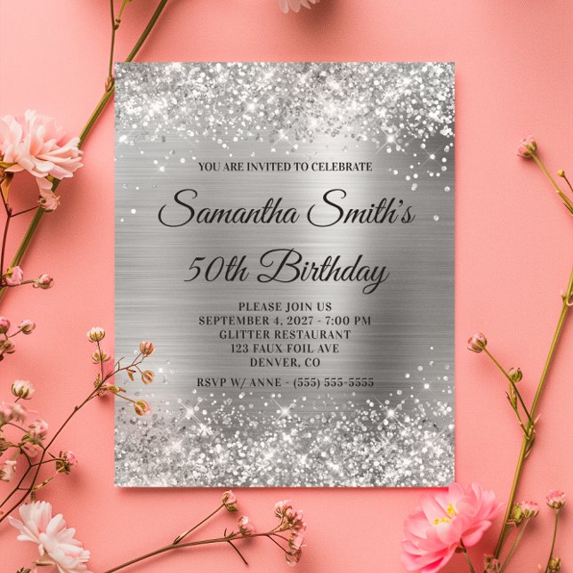 Orçamento Glittery Silver Foil 50th Aniversário In (Budget Glittery Silver Foil 50th Birthday Invite)